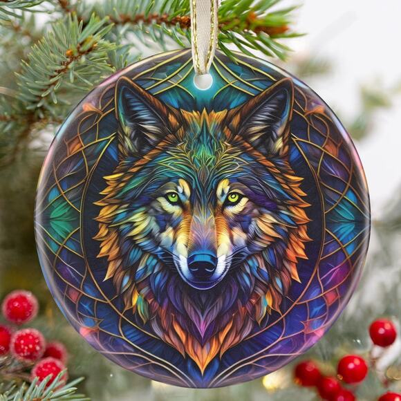 vapcuff Other - New Ceramic Stained Glass Look Double Sided Wolf Ornament with Hanging Ribbon